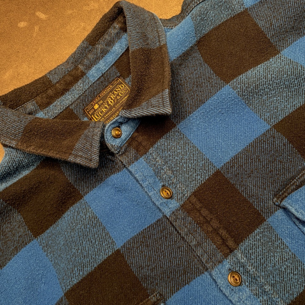 Lucky Brand Saturday‎ Stretch Shirt Mens Large Blue Black Buffalo Plaid 1W012912